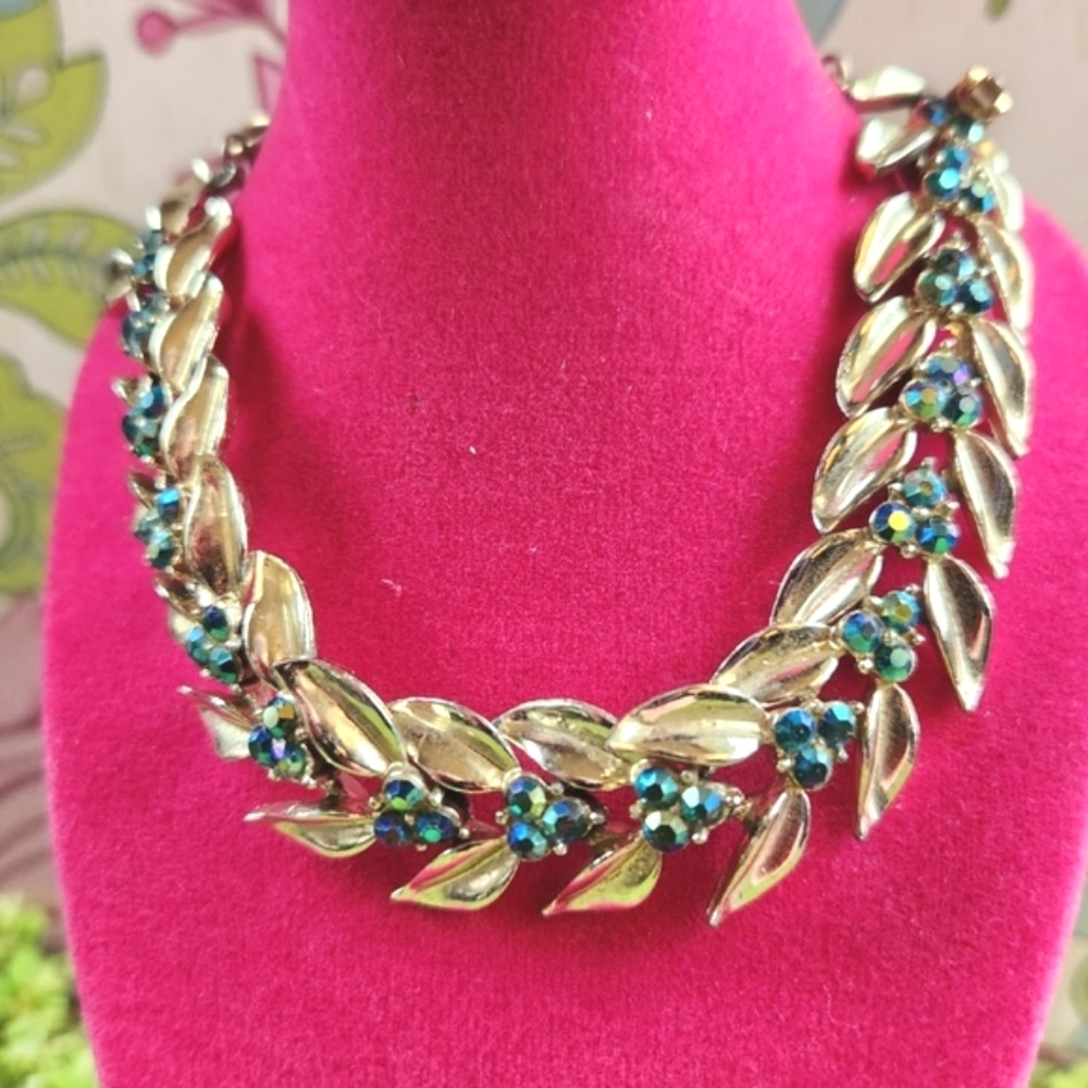 50's CORO Glitzy Ornate Gold Blue Green Rhinestones  Signed Bracelet 6 3/4" EUVC